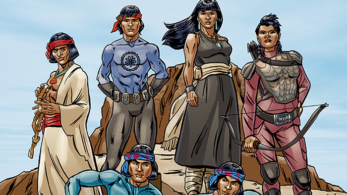 Comic book art of six Native American superheroes, reminiscent of other hero groups like the Avengers or Justice League.