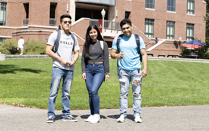 Three students in jeans and tee shirts stand on a walkway, a grassy hill and the brick and masonry facade of Doyle Library visible behind them.