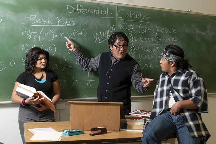 Andrea Lizbeth Chavez as Lupe Escobar, Daniel Bañales as Jaime Escalante, and Karl Arcamo as Chuco. Photo by Tom Chown. 