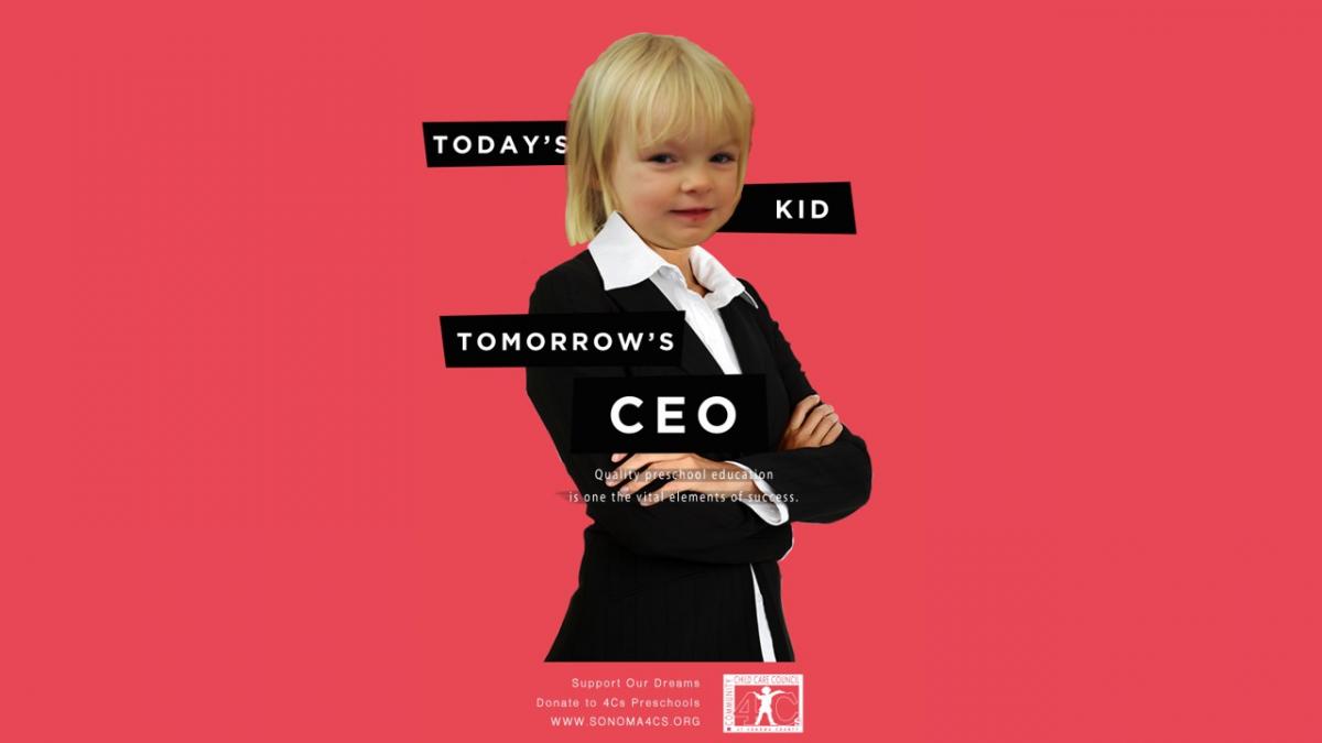 Mixed media graphic assemblage of child dressed in a business suit on a red background, reading, "Today's kid, tomorrow's CEO."