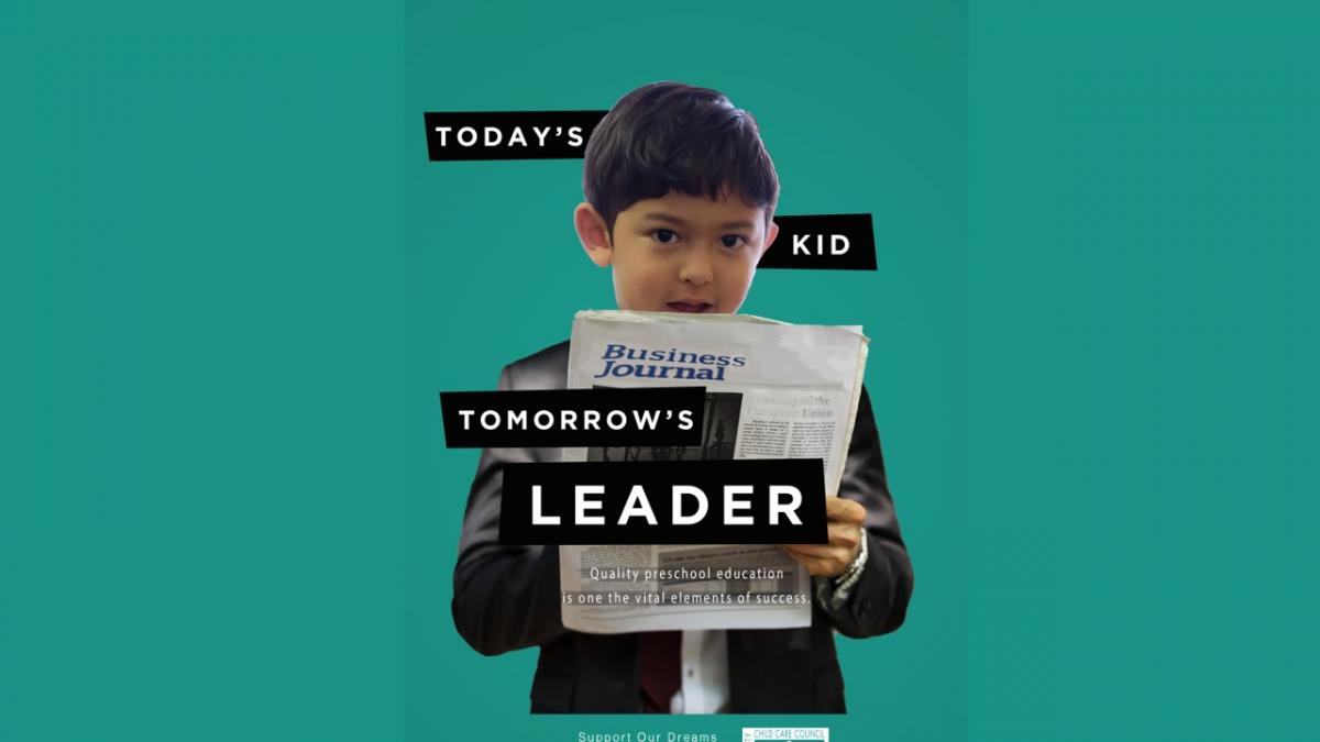 Mixed media graphic assemblage of child reading newspaper on a green background, reading, "Today's kid, tomorrow's leader."