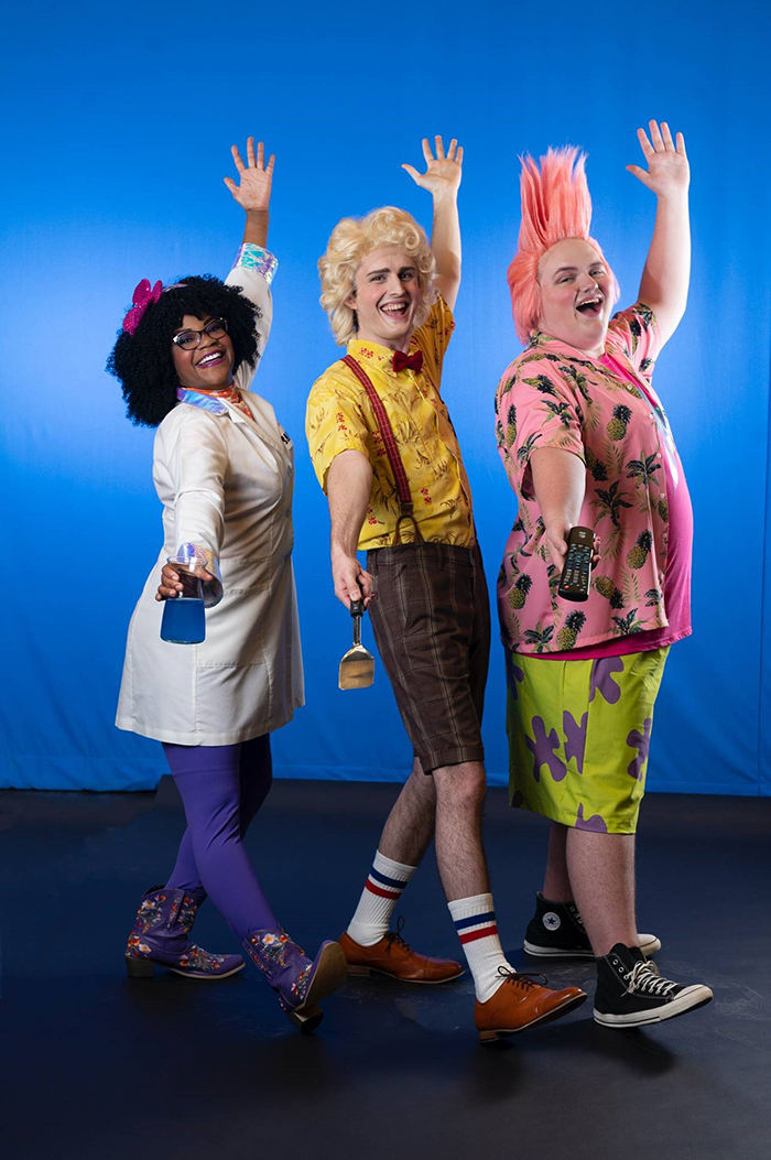 Phoebe Pruitt as Sandy Cheeks, Samuel J. Gleason as SpongeBob Squarepants and Aidan Pryor as Patrick Star. Photo by Thomas Chown. 