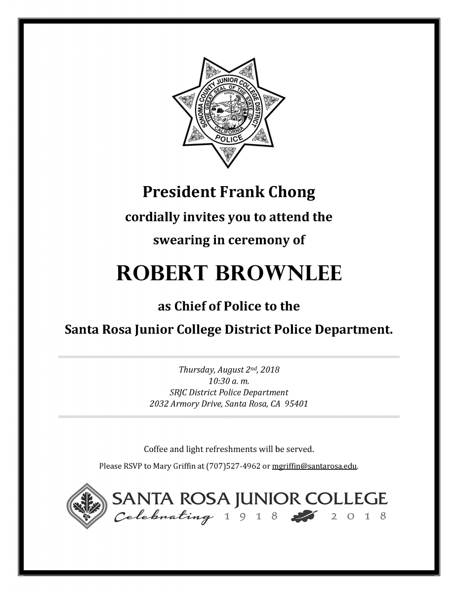 Picture of invitation to Robert Brownlee Chief of Police swearing ceremony